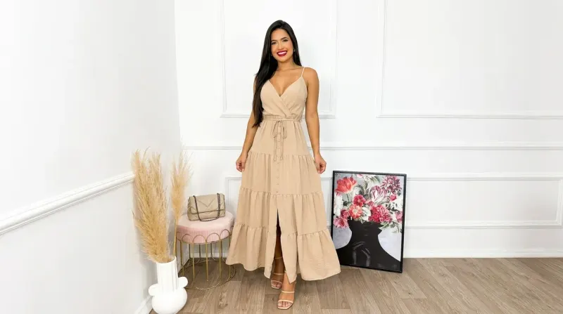 Mulher usando vestido longo caqui com babados e alças finas em ambiente claro.